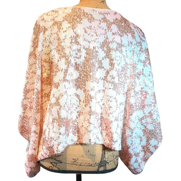 ENTRO WOMEN'S MEDIUM PINK GOLD SEQUIN PONCHO DOLMAN BLOUSE TOP - Picture 3 of 12